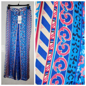 NWT Zara Wideleg Silky Satin Blue Printed Pull-on Pants. Size medium